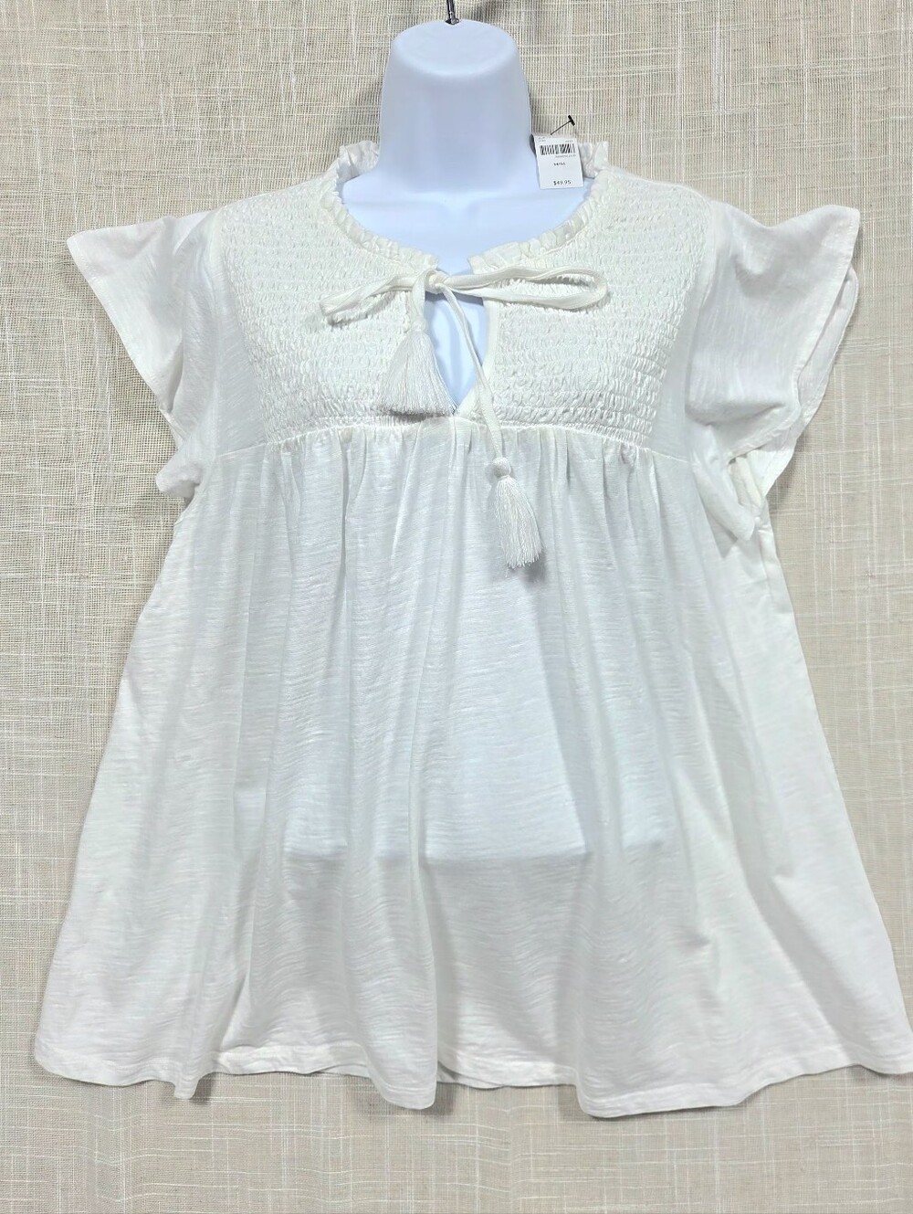 Lane bryant white smocked tassel tie blouse size 14/16 nwt